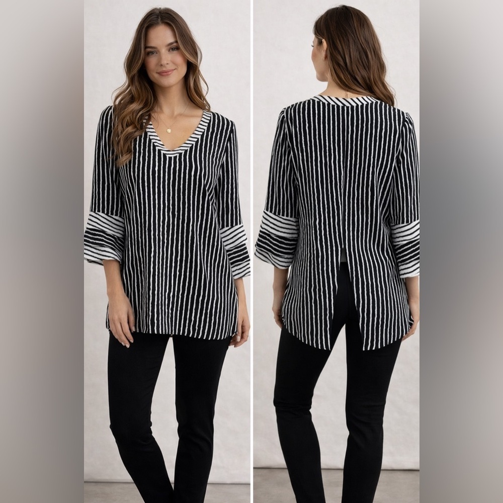 Renuar Black/White Striped Blouse with Tank Top Open Back 3 Layer 3/4 Sleeve SzS